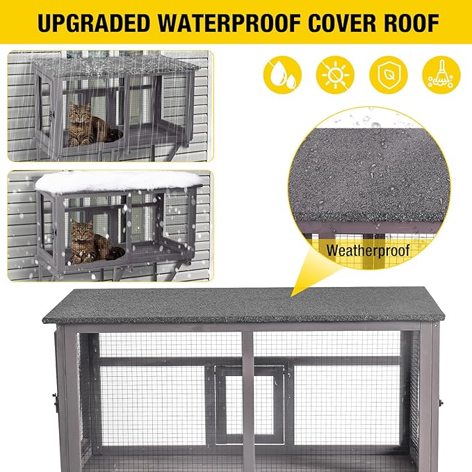 Aivituvin Catio Outdoor Cat Enclosure, Cat Window Box for 1-2 Cats with Weatherproof Asphalt Roof & Lockable Door, Expendable Secure Window Perch House for Large Outdoor Cats
