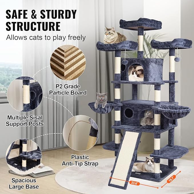VEVOR Cat Tree for Indoor Cats, 68.5" Cat Tower with 2 Cat Condos, Sisal Scratching Post, Hammocks, Top Perches, Jumping Platforms and Ramp, Cat Furniture Activity Center with Hang Balls, Dark Grey