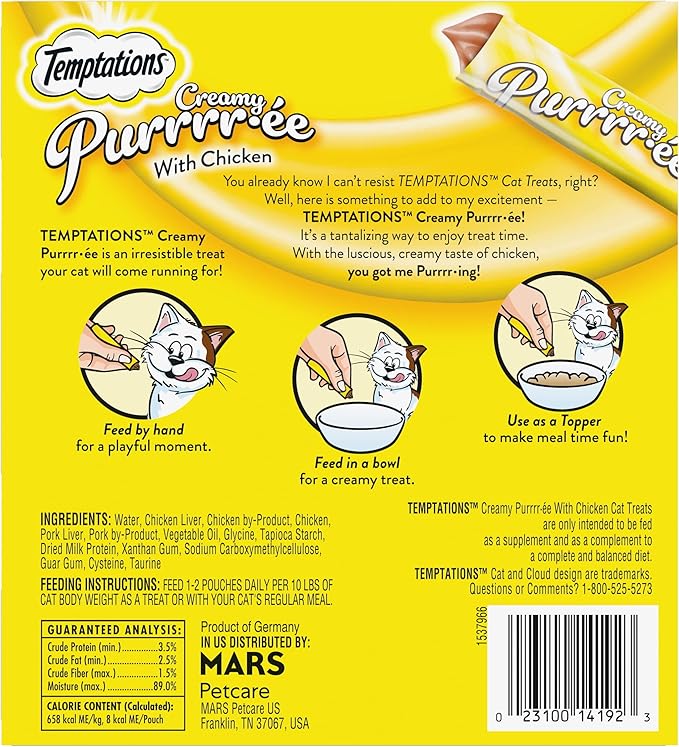 Temptations Creamy Puree Squeezable Lickable Cat Treats, Wet Cat Treats with Chicken, 0.42 oz. Tubes, 24 Count