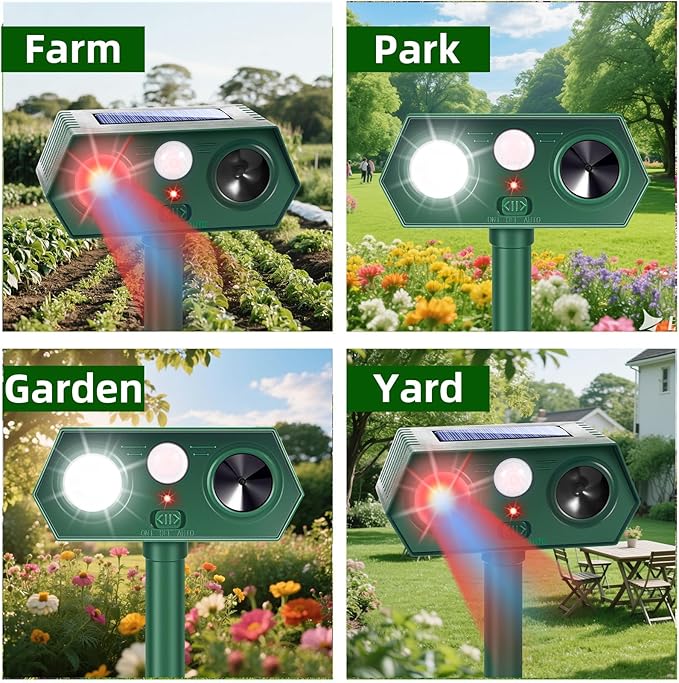 2025 Solar Ultrasonic Animal Repellent Sonic Fortress Pro Raccoon Repellent Cat Repeller Deer Deterrent with Flash Light Motion Sensor to Keep Squirrel Rabbit Dog Skunk Out of Garden Yard(4Pack)