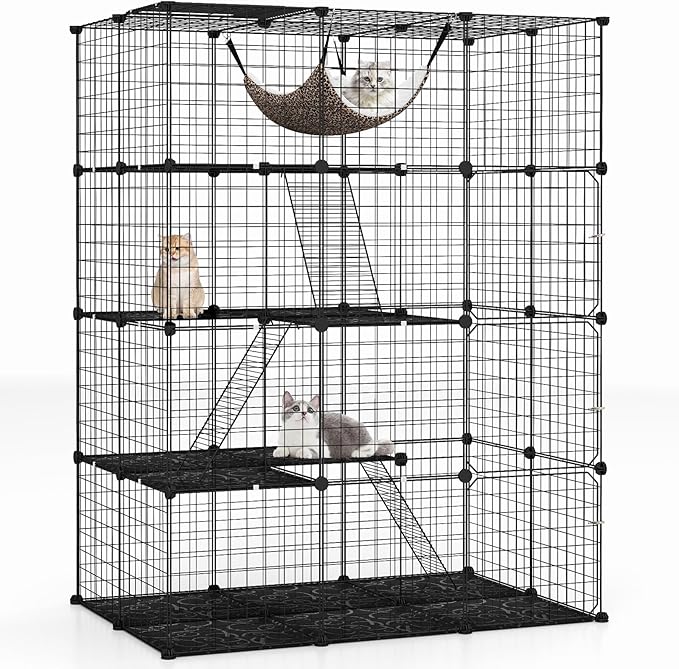 PETSITE 4-Tier Cat Cages Indoor, Metal Wire Cat Enclosure with Extra Large Hammock, 3 Ladders, and 4 Lockable Doors, Detachable Indoor Cat Catio Kennel for 1-4 Cats Kitten, Anti-toppling Kits Included