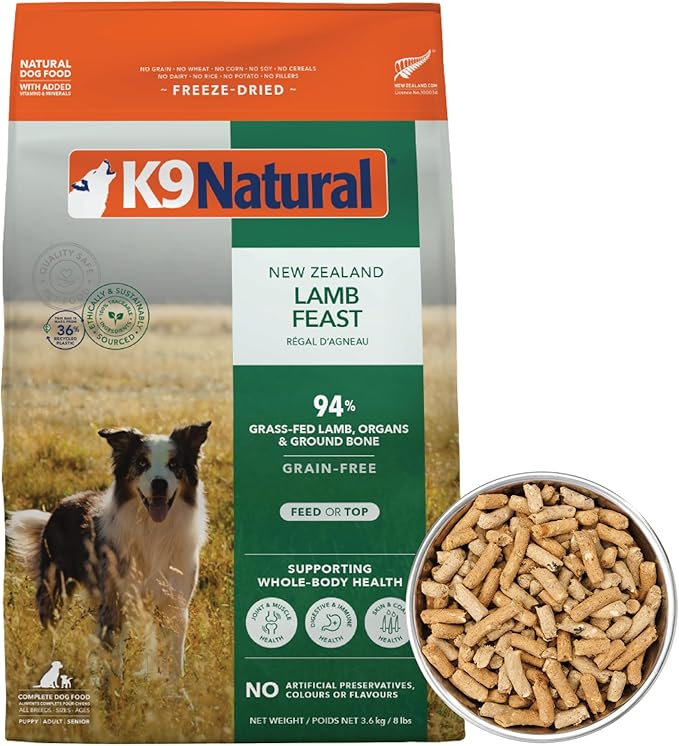 K9 Natural Lamb Freeze Dried Dog Food, High-Meat Natural Complete Meal or Meal Toppers for Dogs, Grass-Fed Lamb from New Zealand, Grain-Free, GMO-Free, Complete & Balanced Nutrition, 8lb