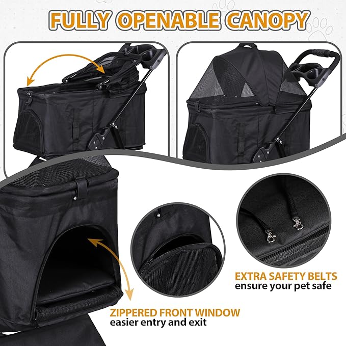 Pet Stroller 4 Wheels Dog Cat Stroller for Small Medium Dog Cats Carrier Jogger Travel Foldable Puppy with Detachable Carrier