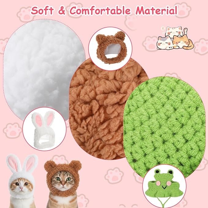 8 Pcs Cat Costume Hats, Cat Costume Halloween Bunny Hat Outfit with Ears, Cute Bear Pet Hat, Funny Pet Hats for Kitten and Small Dogs Puppy Party Christmas Easter Accessory Headwear