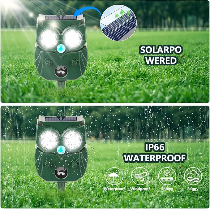 4 Pack 2026 Ultrasonic Animal Repellent Outdoor Deer Repellent Devices Solar Animal Repeller Motion Activated Deterrent to Scare Cat Squirrel Rabbit Raccoon Skunk with LED Flash Lights for Yard Lawns
