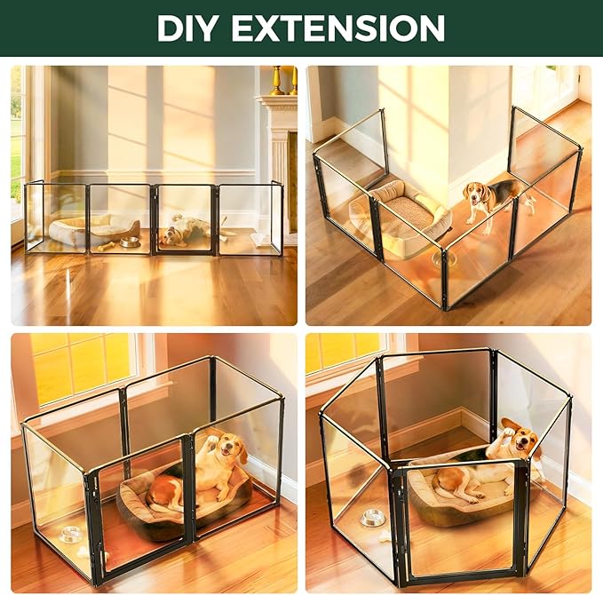 FXW AuraSpace Pro Metal & Acrylic Indoor Dog Playpen, All-Acrylic Clear Heavy-Duty Design, 32" Height 6 Panels for Small and Medium Dogs, Black│Patented