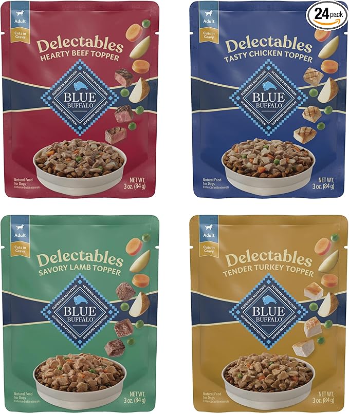 Blue Buffalo Delectables Natural Wet Dog Food Topper Variety Pack, Tasty Chicken, Hearty Beef, Tender Turkey, & Savory Lamb Dinner 3-oz (24 Pack- 6 of Each Flavor)