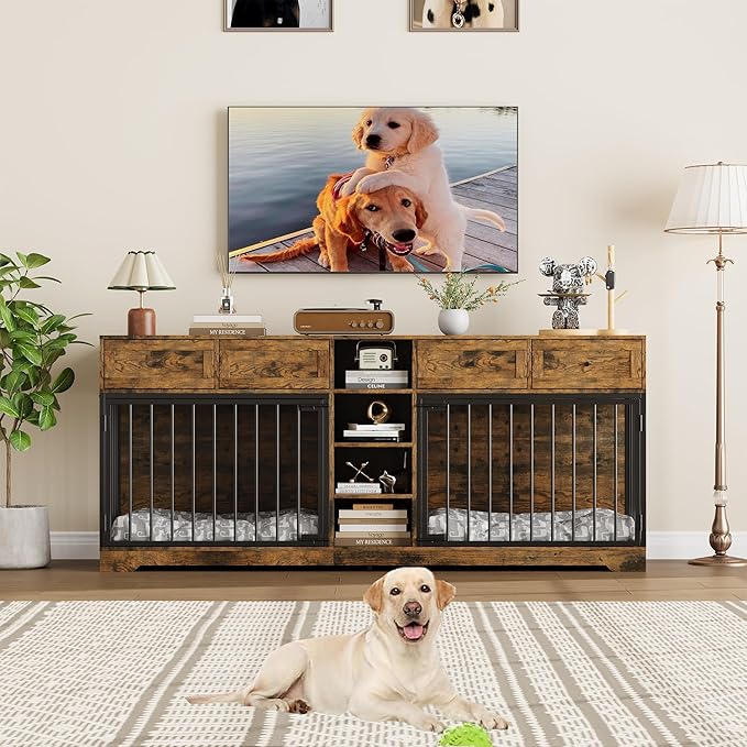 GAOMON 82 Inch Double Dog Crate Furniture with 4 Storage Drawers, Heavy Duty Extra Large Dog Kennel TV Stand for 2 Large Dogs, Wooden Indoor Pet House with 4 Open Shelves, Rustic Brown