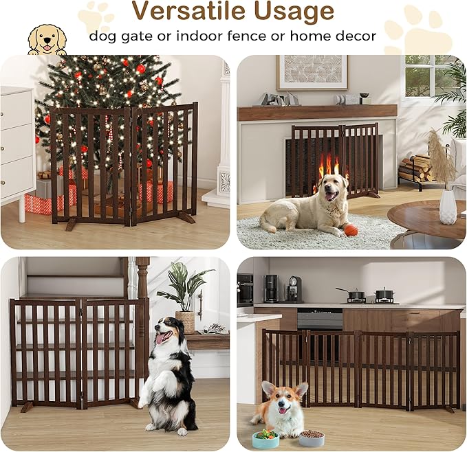 30" Height Tall Freestanding Pet Gate, Solid Wood Folding Safety Fence Wooden Dog Gate with 2 PCs Support Feet Ideal for Stairs, Doorways, Halls, Kitchens, Heavy Duty Gates, 2 Panels, Walnut