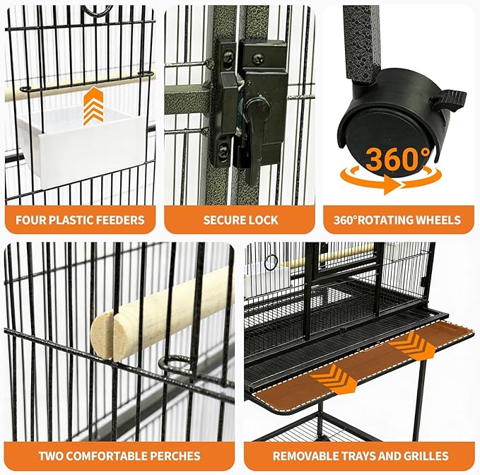 Wide Large Bird Cage with Rolling Stand and Storage – 54" Tall Parrot Cage for Parakeets, Cockatiels, Conures, Cockatoos – Black Flight Cage with Feed Bowls – Ideal for Medium-Large Birds