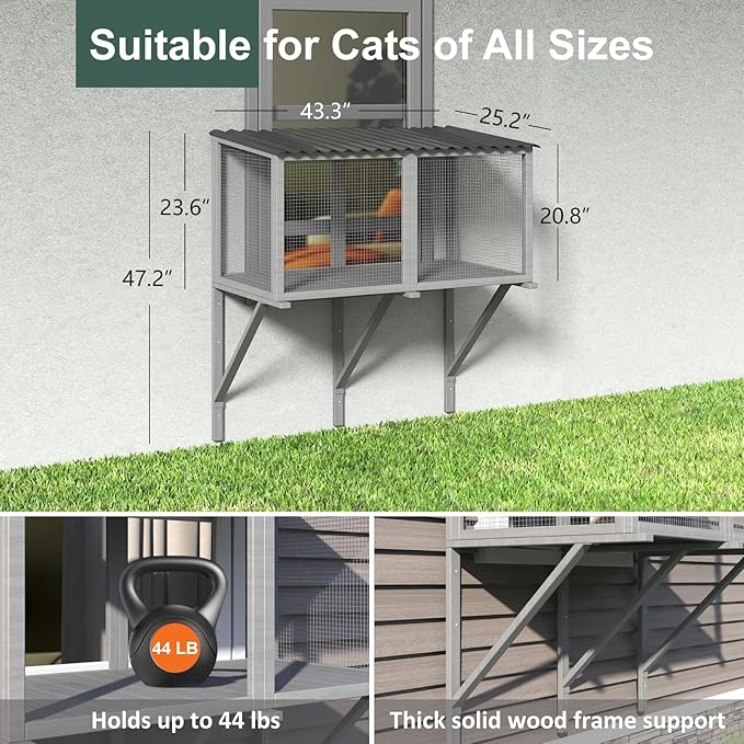 Cat Catio, Cat Window Perch for Large Indoor Cats - for Sunbathing, Napping & Overlooking, Wooden Window Hammock for Safely Enjoying The Outdoor Sights Scents and Sounds