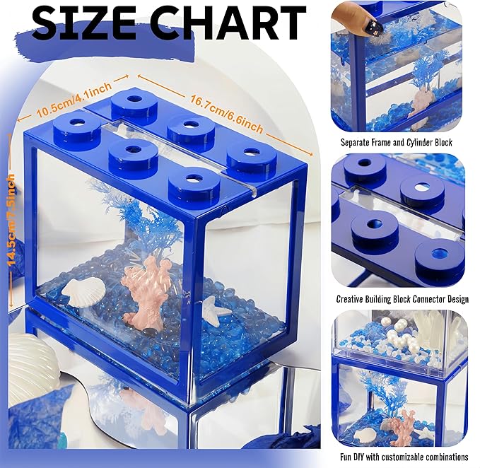 Small Betta Fish Tank, Mini Fish Tank Aquarium Tank Kit with Blue Gravel & Resin Decorations, 0.6 Gallon Stackable Fish Bowl Tiny Desktop Aquarium for Sea Monkey Shrimp (Blue)