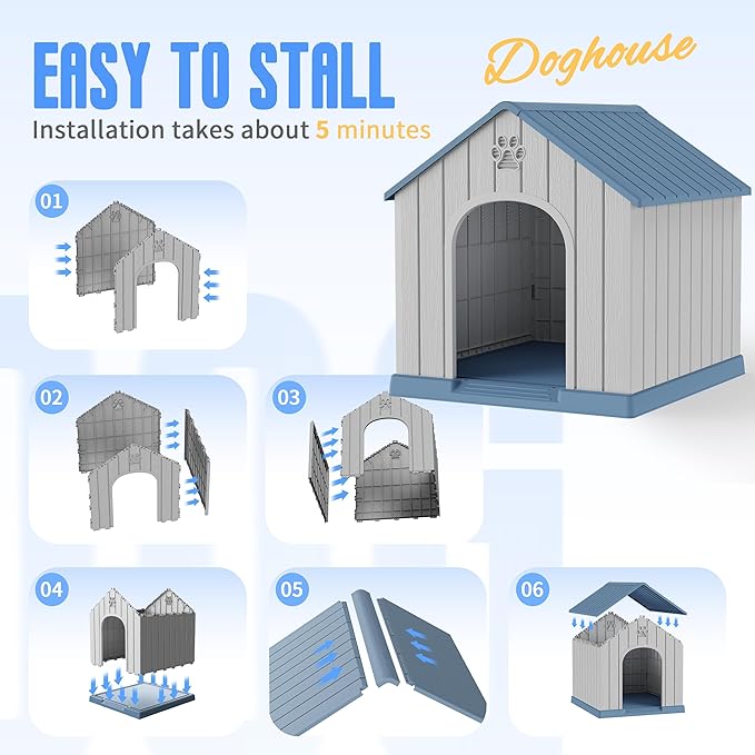 DRATO Large Dog House Indoor Outdoor Waterproof,Puppy Shelter with Air Vents and Elevated Floor,Sturdy Dog Kennel for Small to Large Sized Dogs, Easy to Assemble (Blue, 38.62×36.26×38.07 Inches)