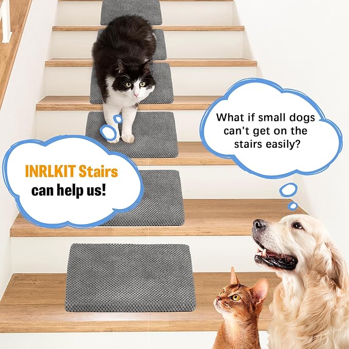 40D Dog Ramp for Stairs for Small & Senior Dogs and Cats – Non-Slip Stair Ramp for Dogs with Gentle Slope, Pet Ramp with Washable Cover & Self-Sticky Pads for Safe Climbing Easy Install(Grey, 3 Pack)