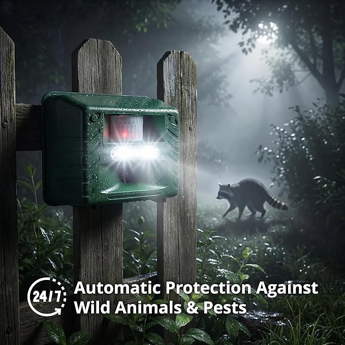 ASPECTEK Ultrasonic Outdoor Animal Pest Repellent, Yard Sentinel RC Pest Repeller Pest Control includes Motion Detector, 4 Key Remote - Rodents, Cats, Rats, Mouse, Mice, Deer, Frequency: 15-18 kHz