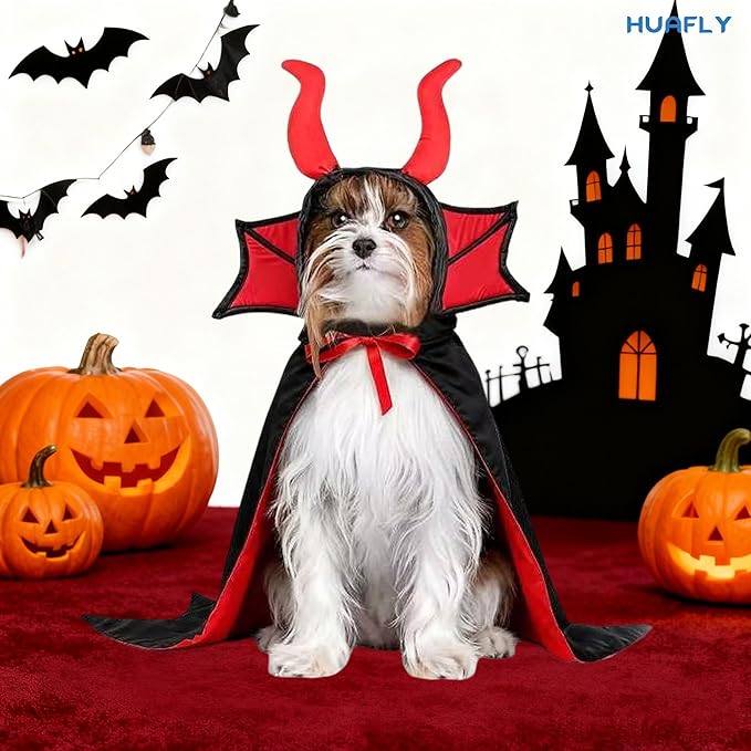 Huafly Cat Costume,Dog Halloween Costumes, Adjustable Vampire Costume with Devil Horns, Comfortable Halloween Costumes for Dogs Cats