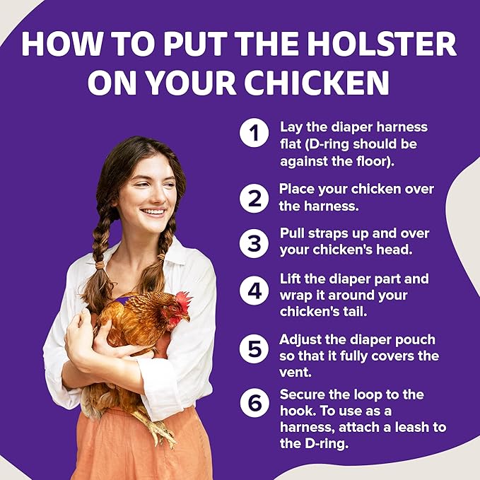 Hen Holster Bird Diaper, Wrap Around - for Hens, Roosters, Ducks, Geese, Leak-Proof Design, Comfortable Fleece Strap Bird Harness with Sewn-in Liner, Secure Hook and Loop Closure - S/M, Purple
