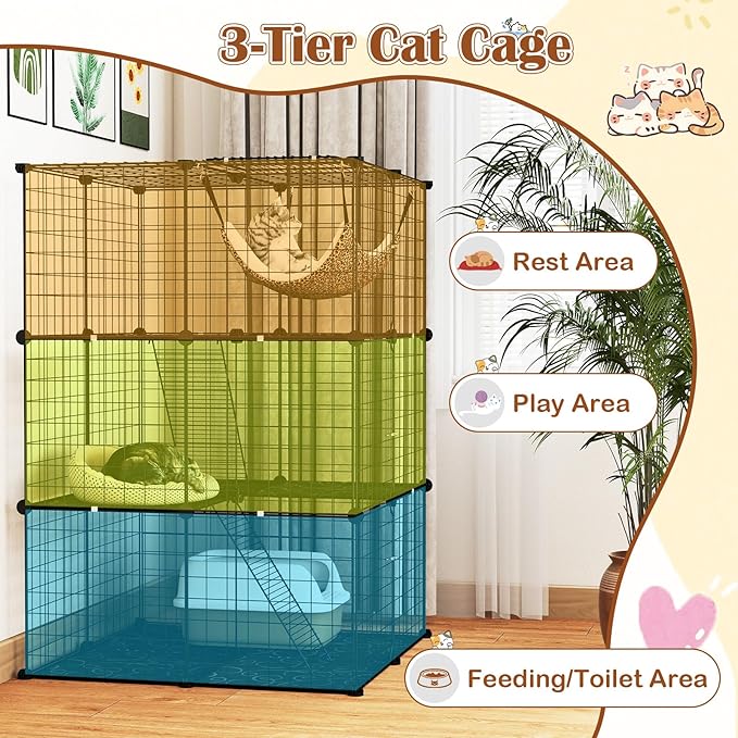 Tangkula Cat Cages Indoor, 3-Tier Cat Enclosure with Skylight, Extra Large Hammock, 2 Ladders, Detachable Metal Wire Kennel with 3 Lockable Doors, DIY Cat Crate & Pet Playpen Catio for 1-3 Cats Kitten