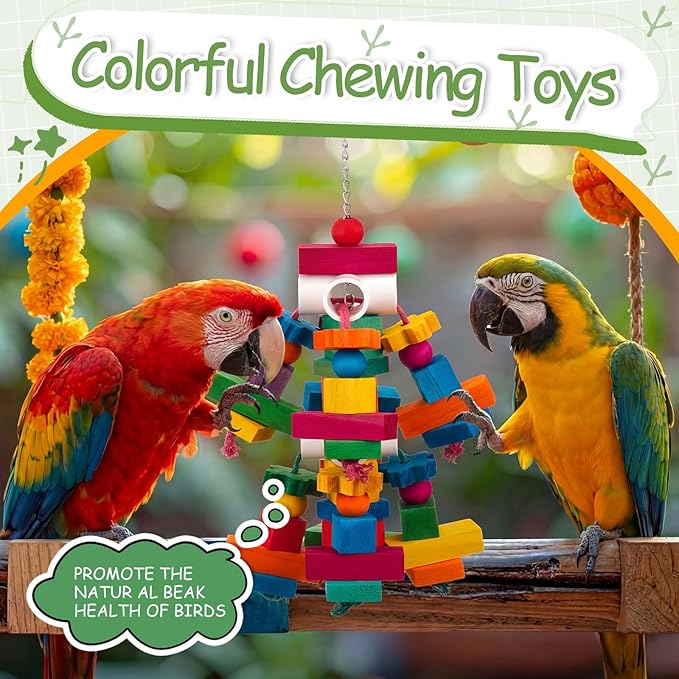 3 Pcs Large Parrot Toys 17.8" Colorful Chewing Toy with Natural Wood Blocks for African Greys, Cockatoos, Parrots, Macaws, Medium Birds Cage Toy Accessories