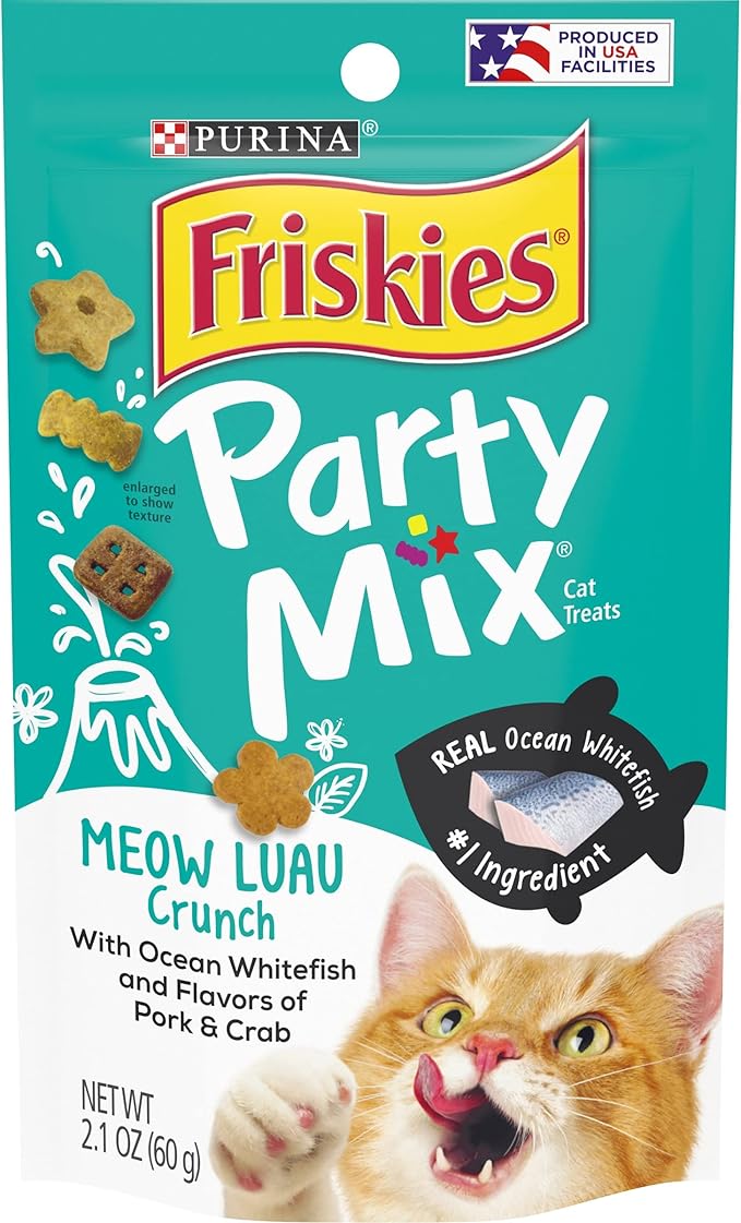 Purina Friskies Party Mix Cat Treats, Meow Luau Crunch with Ocean Whitefish, Crunchy Cat Treats Made for Adult Cats, 2.1 Ounce Resealable Pouch (Pack of 1)