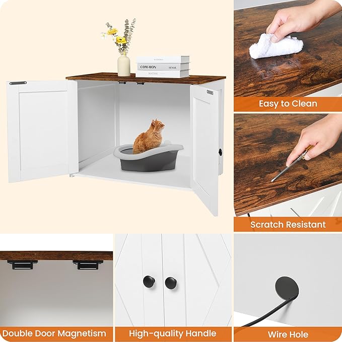 Dwanton Litter Box Enclosure, Cat Litter Box Furniture Hidden, Reversible Entrance Can Be on Left or Right Side, Wooden Cat Washroom Indoor, White and Rustic Brown, 27.6 Inches