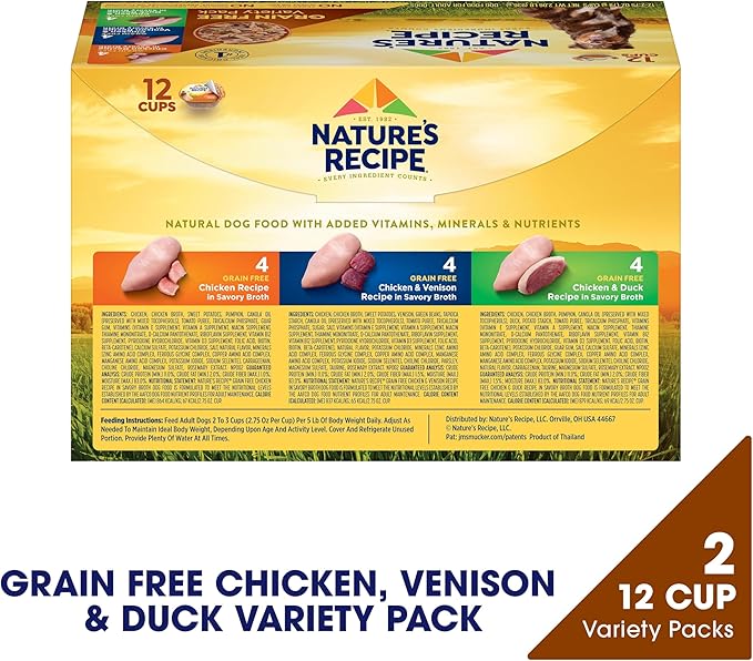 Nature’s Recipe Grain Free Chicken Recipe, Chicken & Venison Recipe and Chicken & Duck Recipe in Savory Broth Variety Pack Wet Dog Food, 12-2.75 oz. Cups, 2 Count