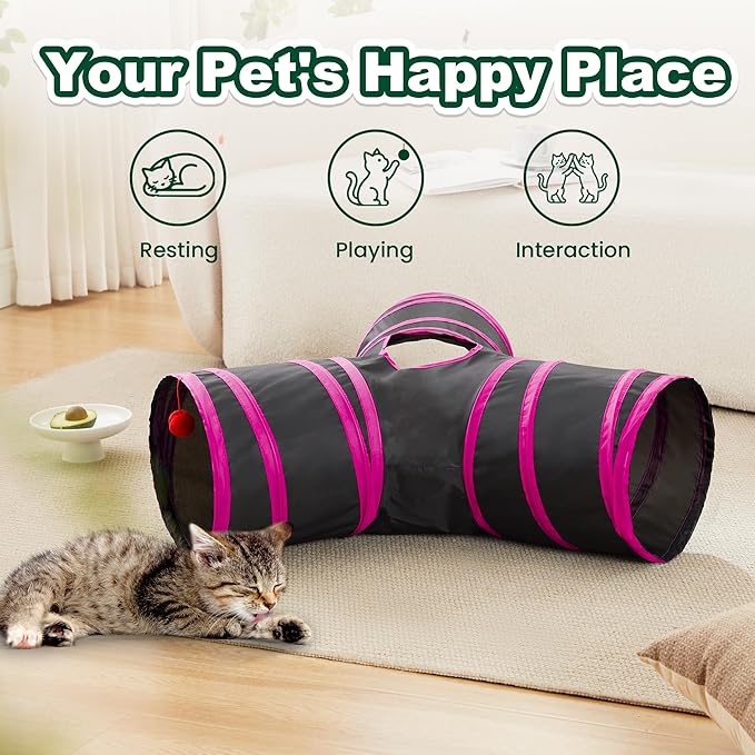 Love’s Cabin Cat Tunnel for Indoor Cats, 3-Way Collapsible Play Tunnel with Teaser Wand, Peek Holes & Toy Ball, Small Pet Toy for Kittens & Rabbits, Black & Rose Red, Small Size