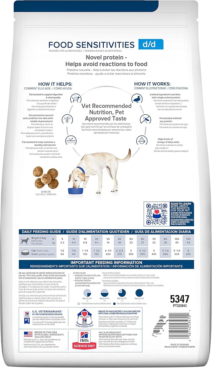 Hill's Prescription Diet d/d Skin/Food Sensitivities Grain Free Potato & Duck Flavor Dry Dog Food, Veterinary Diet, 25 lb. Bag