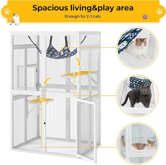 Catio Outdoor Cat Enclosure - Premium Wooden Cat Catio with Window Access & Breathable Mesh, Weatherproof Kitty House for Patio/Backyard/Indoor (White)