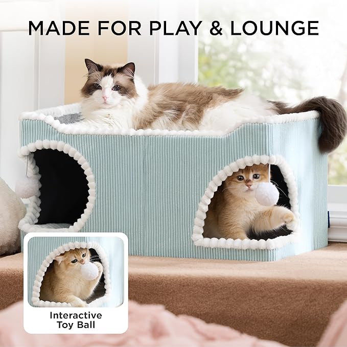 Bedsure Large Cat Beds for Indoor Cats - Extra Wide Cat House with Scratch Removable Top Sisal Pad for Multi Cats, Foldable Cave Hideaway for Entertainment, 23.6x15.9x12.6inches, Blue