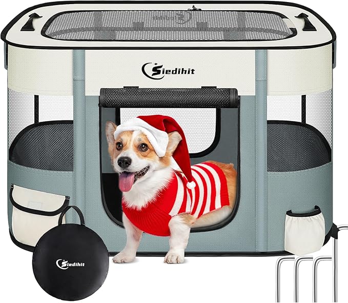 Dog Playpen,Cat Pet Puppy Pen,Portable Playpens for Dogs Indoor Outdoor Travel Camping Use,Foldable Dog Kennel Tent Crate for Rabbit Small Animals with Carrying Case (Grey, Large)