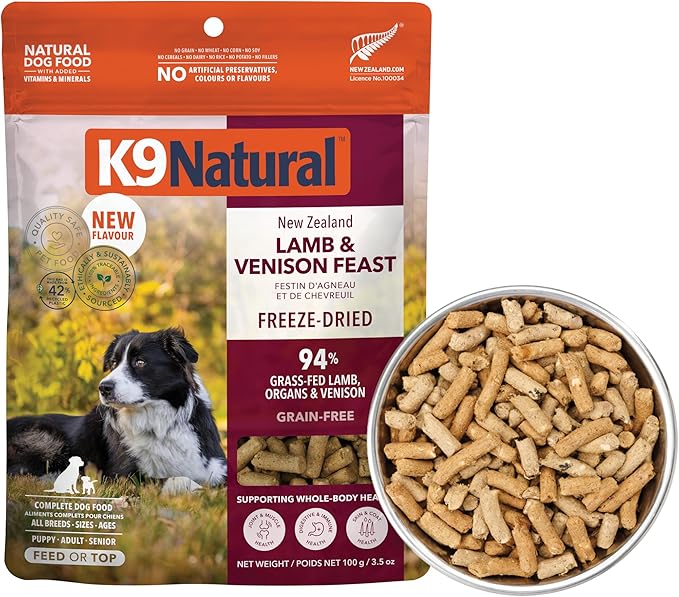 K9 Natural Lamb and Venison Freeze Dried Dog Food, High-Meat and Natural Complete Meal or Meal Toppers for Dogs, Grass-Fed Lamb and Venison from New Zealand, Grain-Free, GMO-Free, 3.5 Ounces