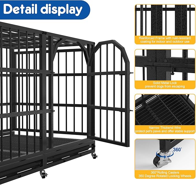 Asee'm 48 inch Heavy Duty Dog Crate for Large Dogs with Wheels, Indestructible Escape-Proof Dog Kennel Cage Indoor for High Anxiety Dogs with Locks and Removable Trays (Black)
