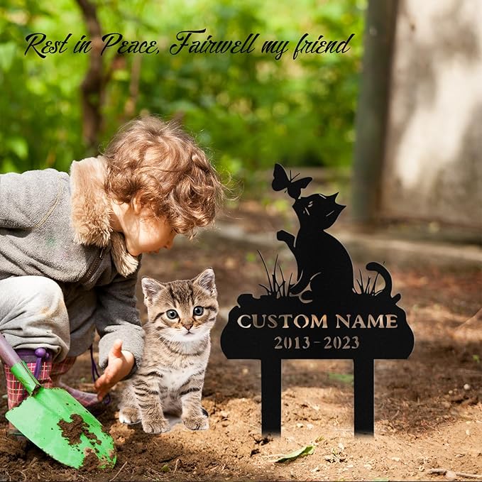 Custom Cat Grave Marker Outdoor, Personalized Metal Cat Memorial Grave Stake with Name and Date, Outdoor Waterrproof Cats Memorial Plaque