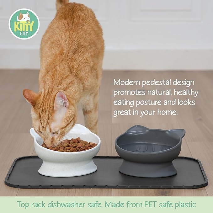 Kitty City Elevated Slow Feeder Cat Bowls (Set of 2), Whisker-Friendly Raised Cat Food Dishes with Ridges, Helps Reduce Fast Eating & Digestion Issues, Dishwasher Safe, 10.8 oz – White & Gray