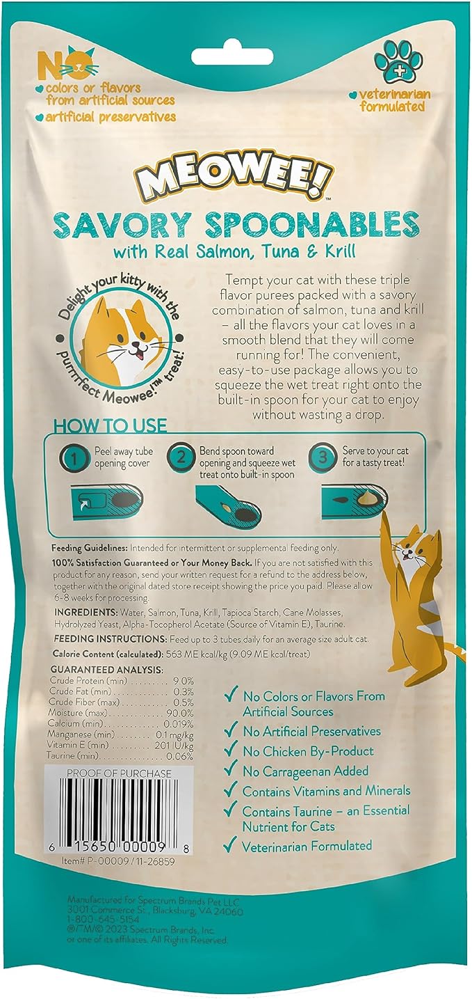 Savory Spoonables with Real Salmon, Tuna and Krill for Cats, 4 Count, Treat Your Cat to Triple Flavor Squeezable Lickable Wet Treats with Built-in Spoon for Less Mess (Pack of 2)