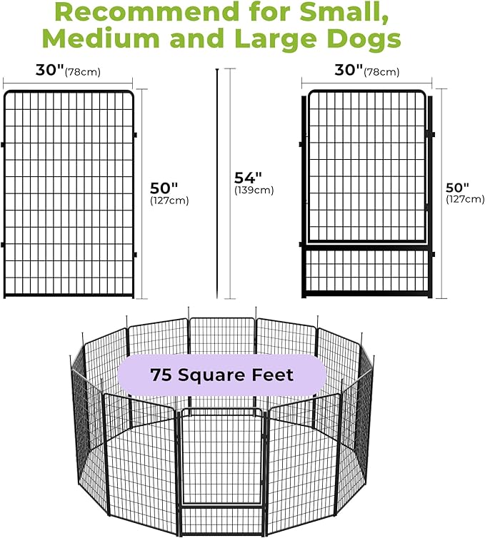 SunsGrove Dog Playpen with Wider Door, Heavy Duty Dog Pen, Anti Rust Dog Fence, Easy Insert into Soil, Pet Playpen for Yard RV Camping (50 inch, 12 Panels)