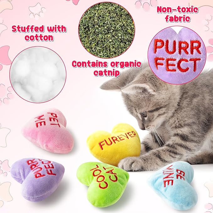 MALLMALL6 5Pcs Valentine’s Day Conversation Heart Candy Catnip Toys for Cat, Catmint Interactive Kitten Teething Chew Kick Toy for Indoor Cats, Soft Pet Sweetheart Gift Supplies