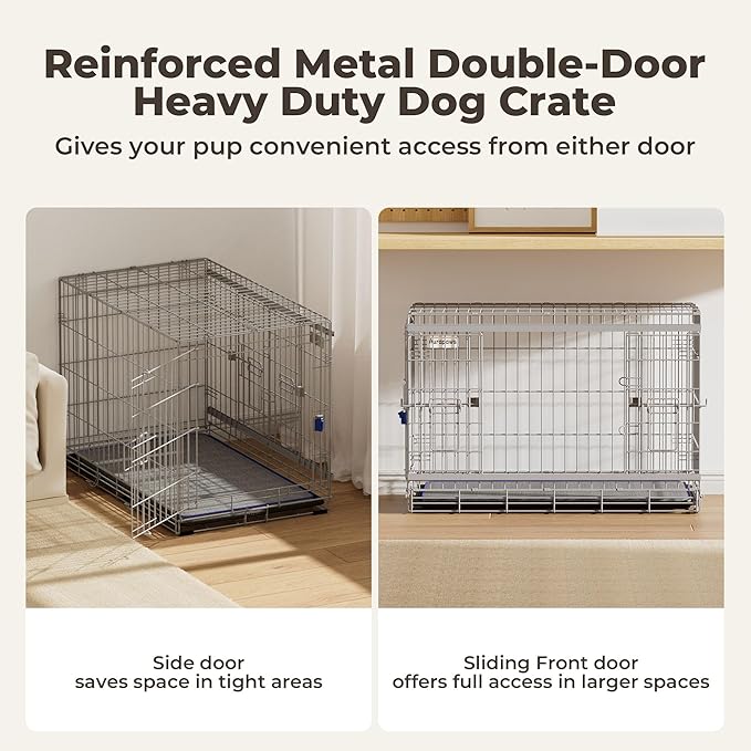 42 Inch Sliding Door Dog Crate - Heavy Duty Collapsible Dog Crates for Large Dogs (70-100lbs), Double Door Metal Dog Kennel Cage with Soft Mat, Leak-Proof Tray, Easy Foldable & Assembly