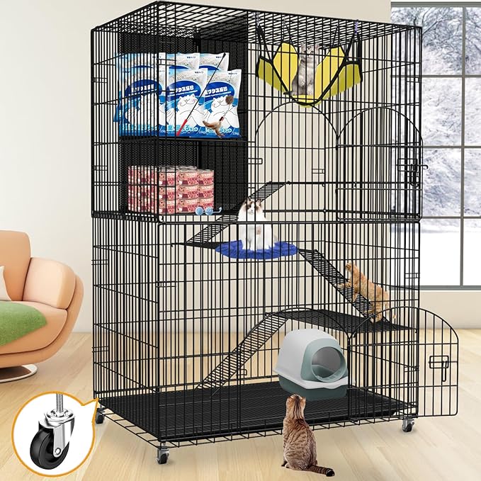 Extra Large Collapsible Cat Cage Indoor with Storage Cube, 4-Tier Cat Crate Black Metal Cat Enclosure with 360° Rotating Casters & Hammock for Kittens, Small Animals