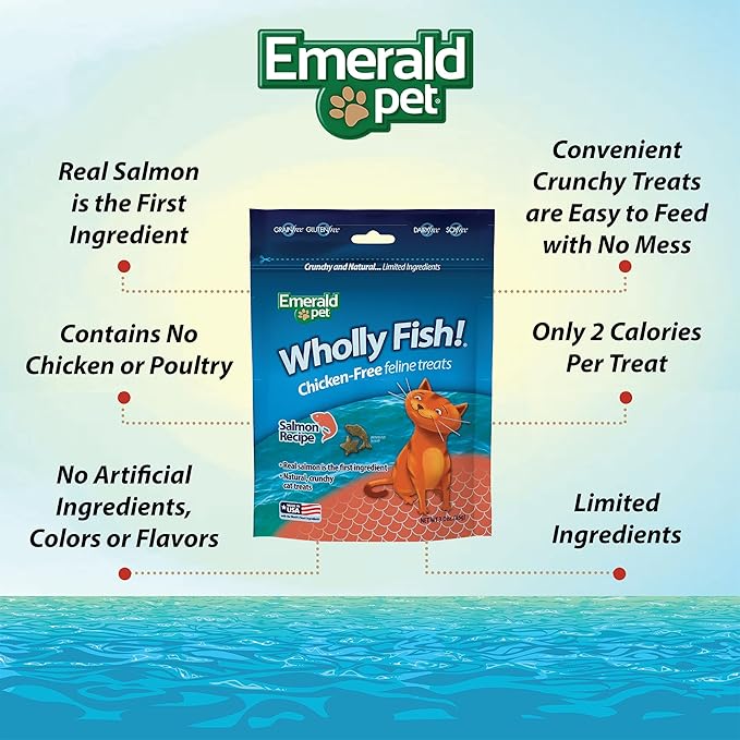 Emerald Pet Wholly Fish! Chicken-Free Feline Treats, Salmon Recipe — Tasty and Crunchy Salmon Cat Treats — Chicken-Free, Grain Free, Natural Cat Treats — Made in USA, 3 oz