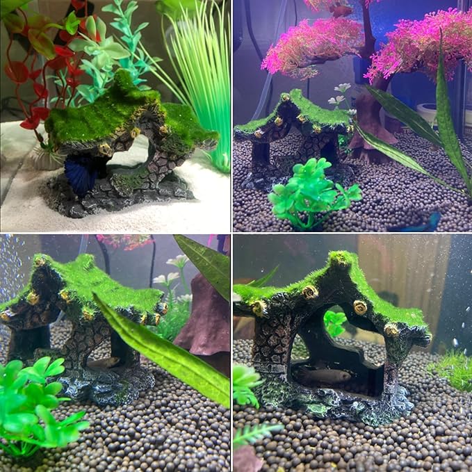 Tfwadmx Aquarium Decoration House Resin Hollow Hideout House,Small Betta Fish Hide Accessories Cave Ornament Tank Small Fish Shrimp Hideaway with Moss