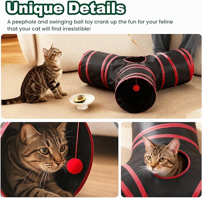 Love’s Cabin Cat Tunnel for Indoor Cats, 3-Way Collapsible Play Tunnel with Teaser Wand, Peek Holes & Toy Ball, Small Pet Toy for Kittens & Rabbits, Black & Red, Small Size