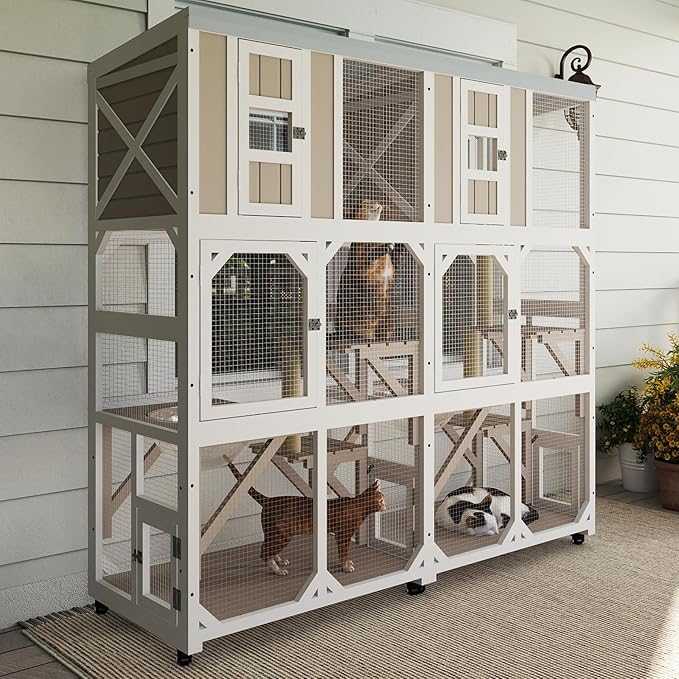 Large Wooden Catio Outdoor Cat Enclosure, Window Cat House with Wheels & 3 Platforms, Kitty Cage with Weatherproof Roof for Multiple Cats