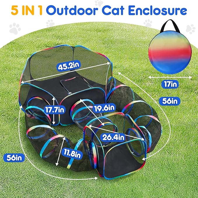 Outdoor Cat Enclosure - 5-in-1 Portable Cat Tunnels with Tent, Cube, Collapsible Catio for Cat Run Outside, Pop up Enclosed Playground for Indoor Cats, Kitty & Small Animals