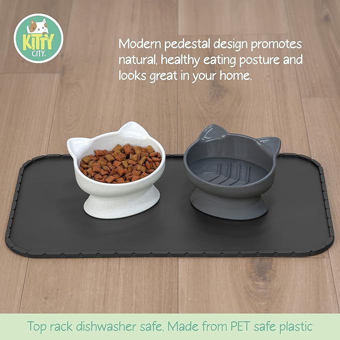 Kitty City Elevated Slow Feeder Cat Bowls (Set of 2), Whisker-Friendly Raised Cat Food Dishes with Ridges, Helps Reduce Fast Eating & Digestion Issues, Dishwasher Safe, 6.5 oz – White & Gray