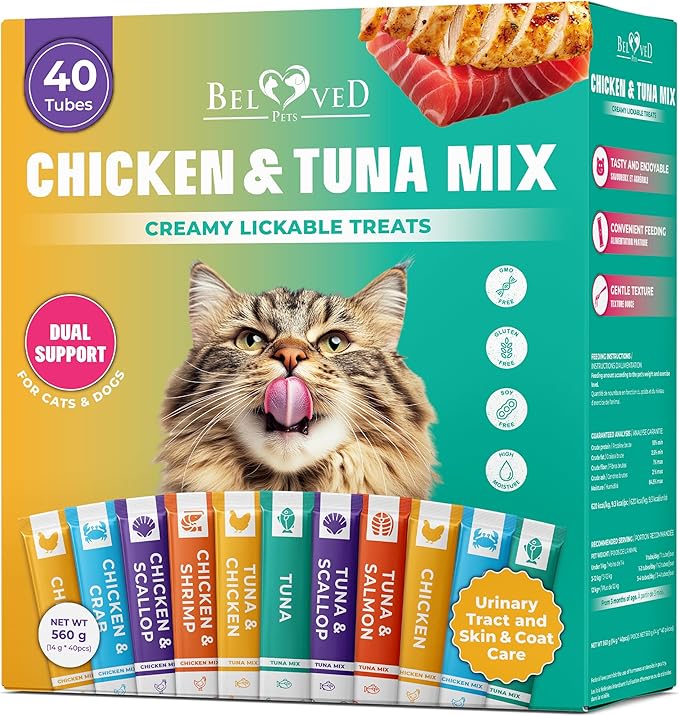 Creamy Lickable Cat Treats & Wet Food Squeeze Tubes – Liquid Kitten Snacks, Urinary Tract Care, Skin & Coat Health, Multivitamin Treats for Cats, & Small Dogs, Lick Up 40 Sticks Tuna + Chicken Mix