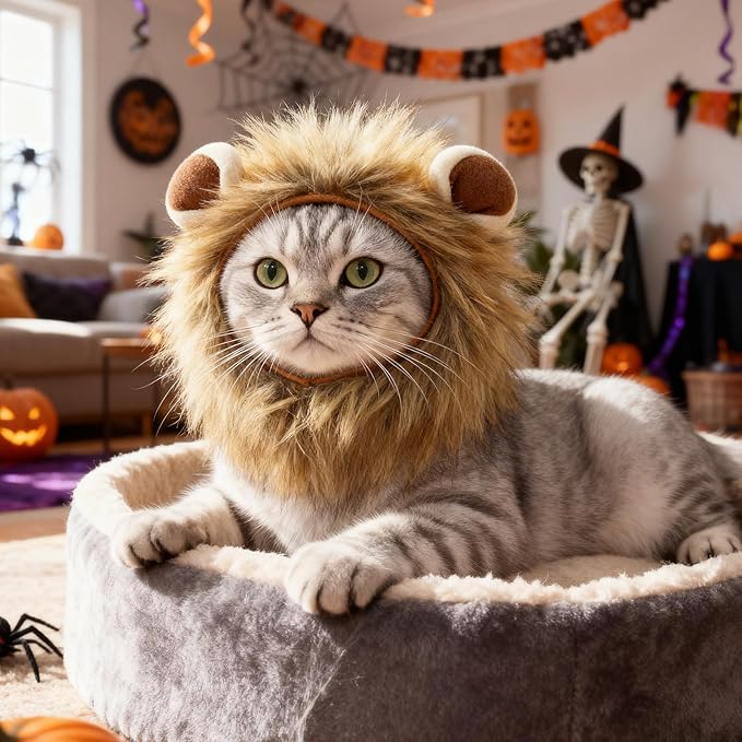Cat Halloween Costumes - Adjustable Lion Mane Wig Pet Costumes for Cats (S)