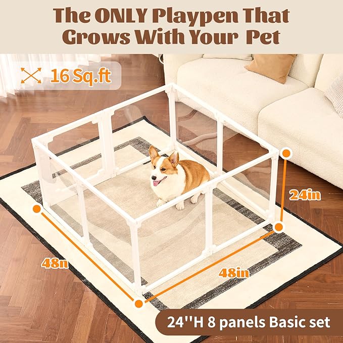 FlexiSpace Customizable Height & Space Clear Acrylic Dog playpen Indoor, The ONLY Play Pen That Grows with Your Pets (White 24”H, 8 Panels)