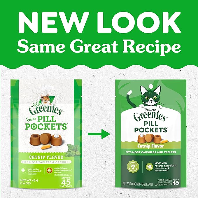 Greenies Feline Pill Pockets for Cats Natural Soft Cat Treats, Catnip Flavor, 1.6 oz. Pouch (45 Treats)